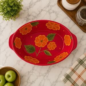 Temp-tations Poppy Passion 2.5 Qt Oval Baker Casserole Dish 13x9 Red Floral